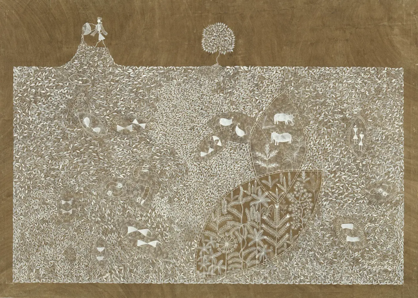 A Warli painting in white on an ochre ground: a dense field of small leaves covering the whole surface, with leaf-shaped openings cut into it holding fish, crabs, birds, cattle, a pig, a butterfly, people, and a plot of standing crops. Two figures carrying baskets stand on a rise at the top left; a single round tree stands at the top centre.